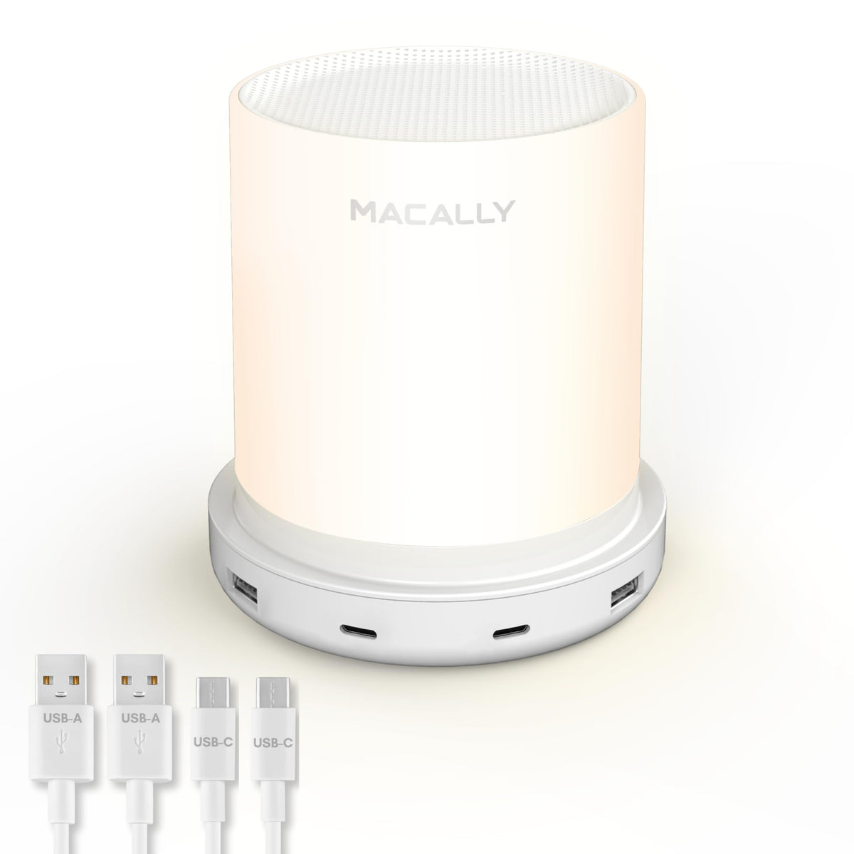 Macally bedside lamp with USB ports powering devices at night