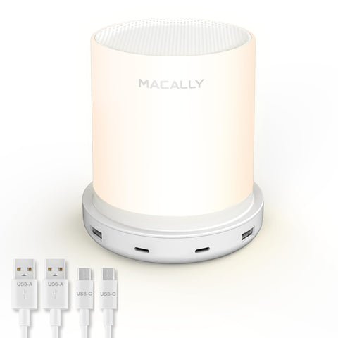 Macally bedside lamp with USB ports powering devices at night