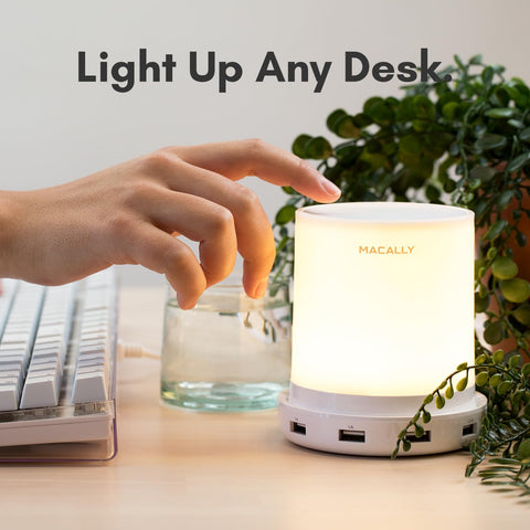Macally bedside lamp showing USB port access for quick charging.