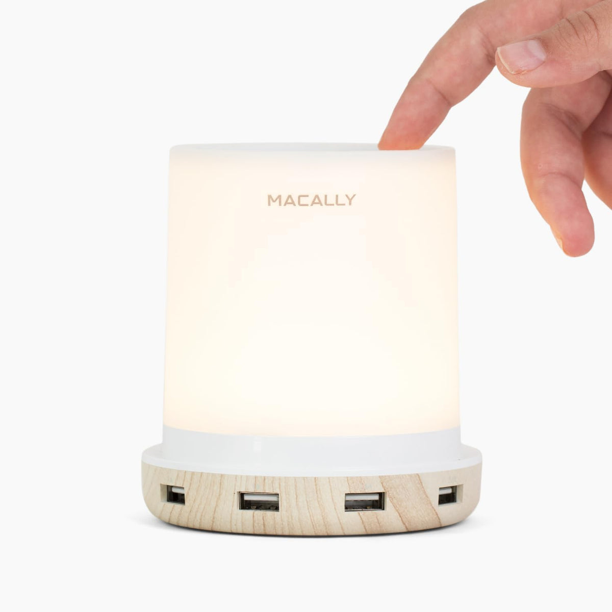 Macally small touch lamp on nightstand with USB port for fast charging.