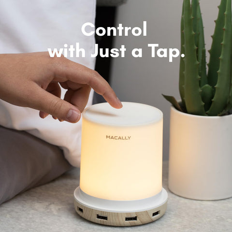 Macally nightstand lamp with SMART IC charging protects devices.
