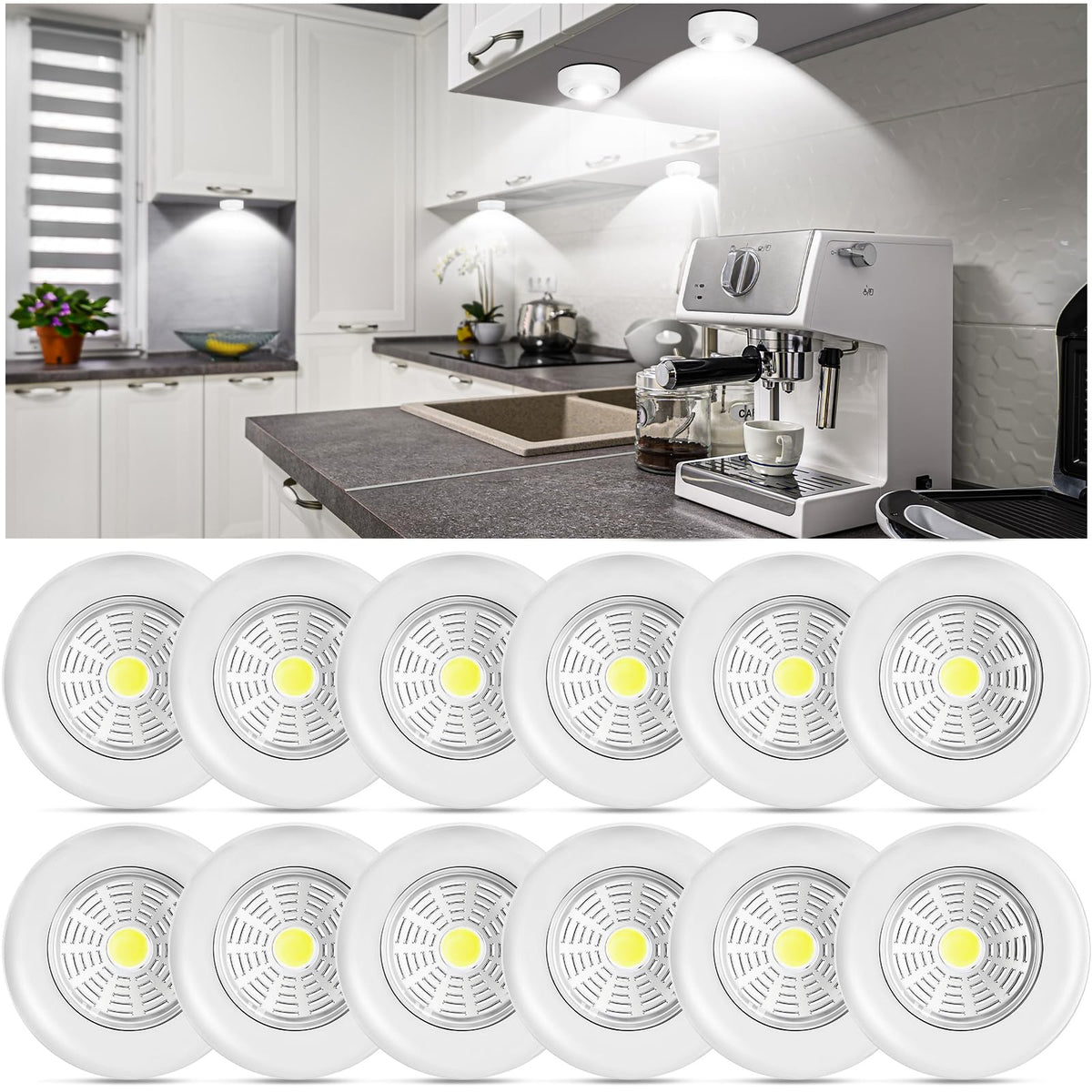 Macarrie 12-pack wireless LED puck lights mounted under cabinet for bright, energy-efficient lighting.