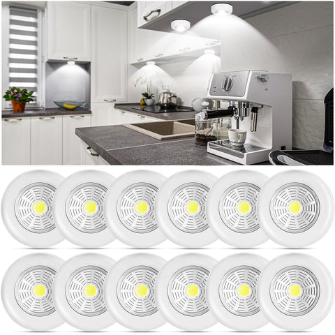 Macarrie 12-pack wireless LED puck lights mounted under cabinet for bright, energy-efficient lighting.