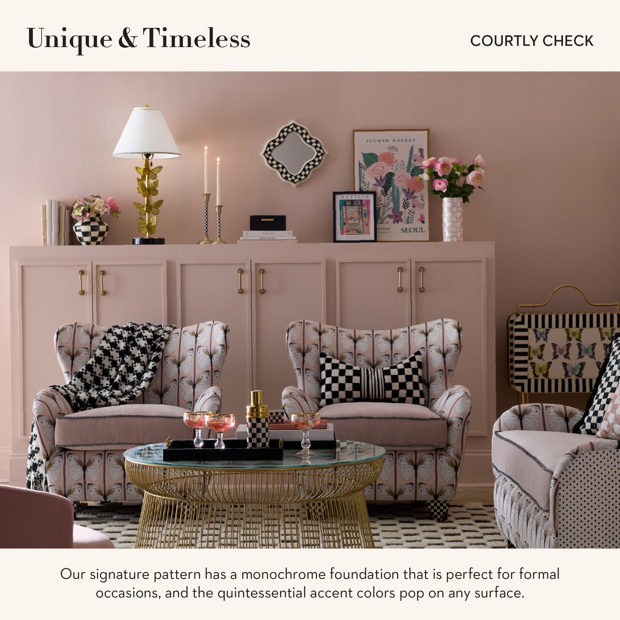MACKENZIE-CHILDS brass accents and bell shade add refined detail.