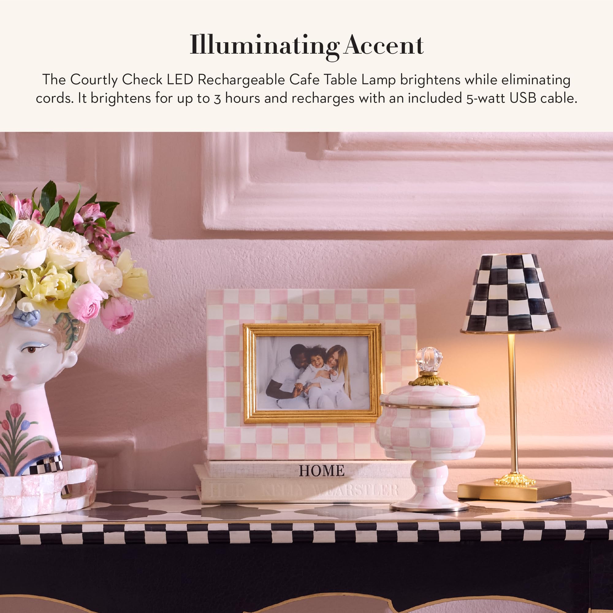 MACKENZIE-CHILDS courtly-check lamp base offers a classic pattern for stylish decor.