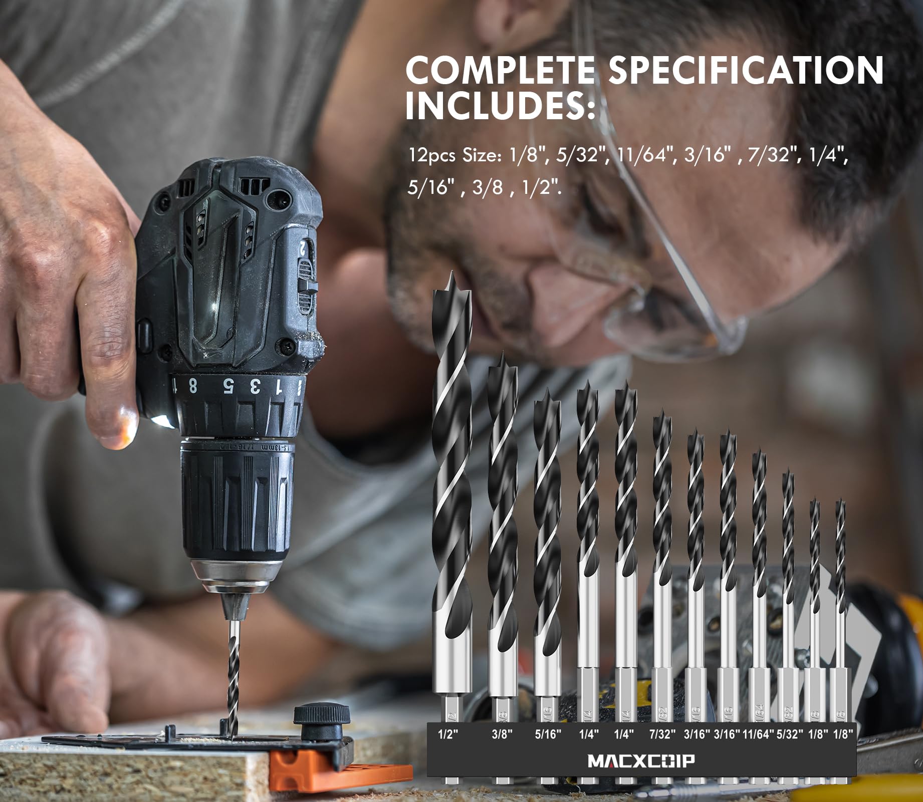 MACXCOIP wood drill bits in workshop scene offering versatile woodwork options