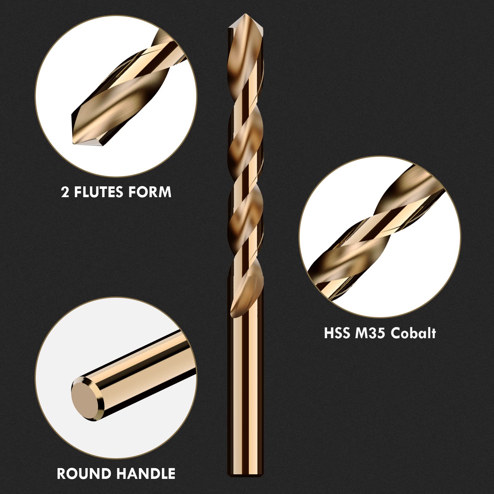 MACXCOIP cobalt drill bits close-up highlighting sharp edges for clean cuts.