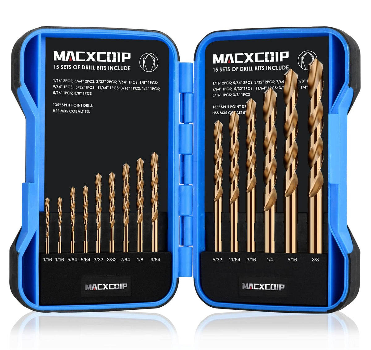 MACXCOIP cobalt drill bit set in compact case for quick access.