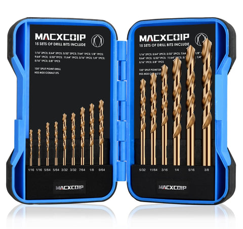 MACXCOIP cobalt drill bit set in compact case for quick access.