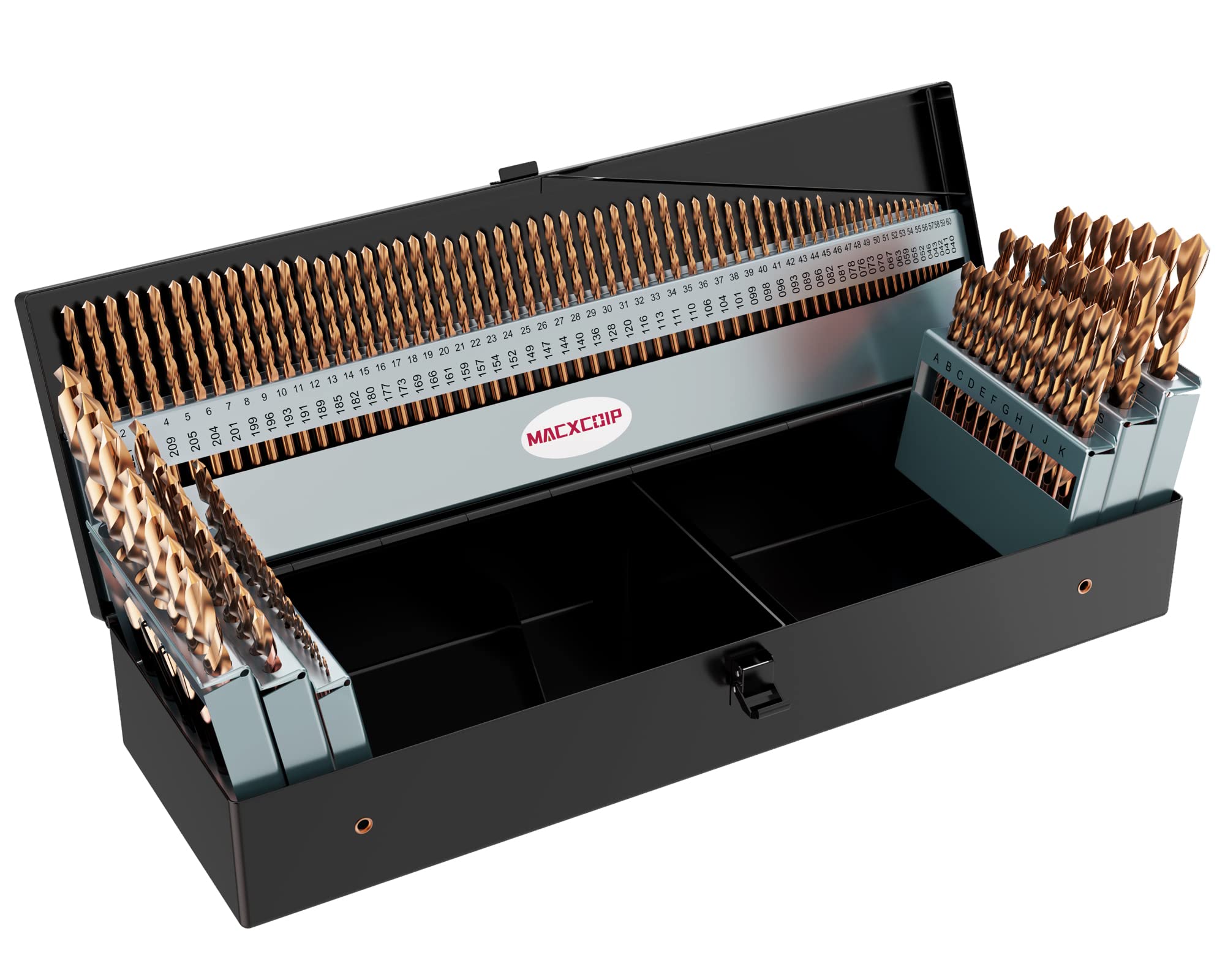 MACXCOIP cobalt drill bit set with index box for easy storage.