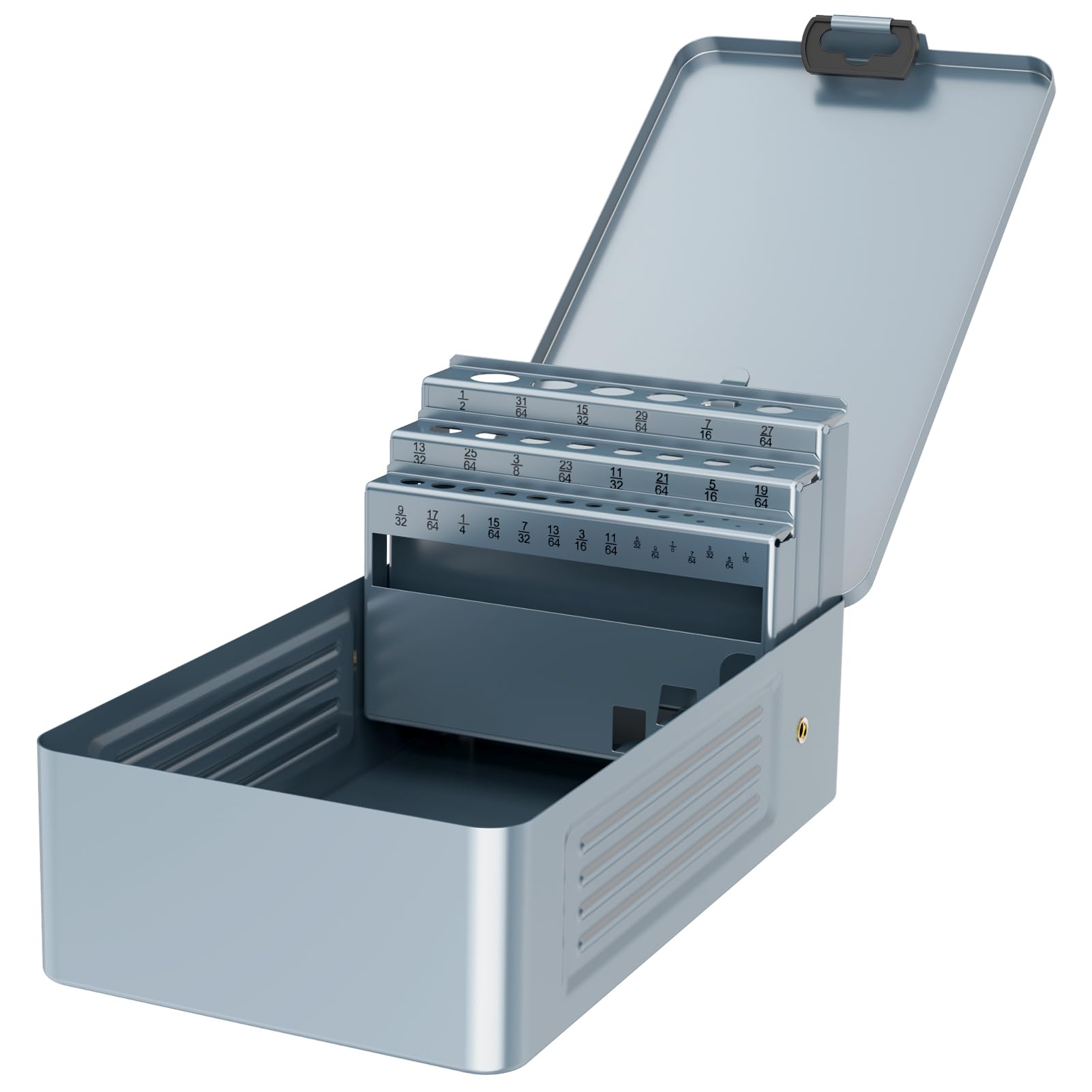MACXCOIP drill index box open lid reveals neatly arranged holes.