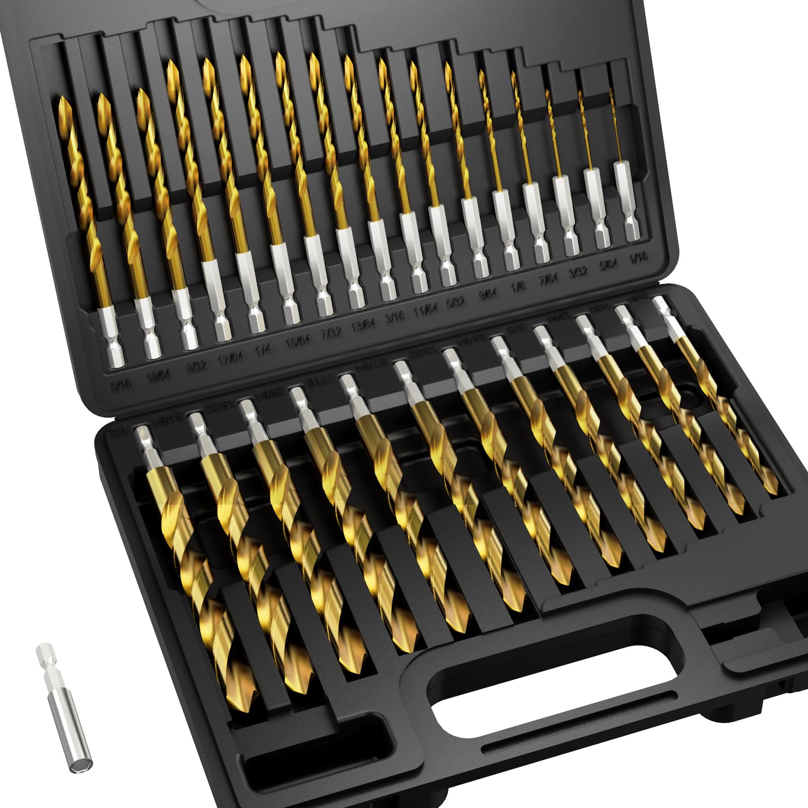 MACXCOIP hex shank drill bit set in case for organized storage and quick access.