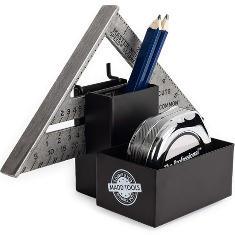 MADD Tools pencil box on pegboard organizes pens and small tools