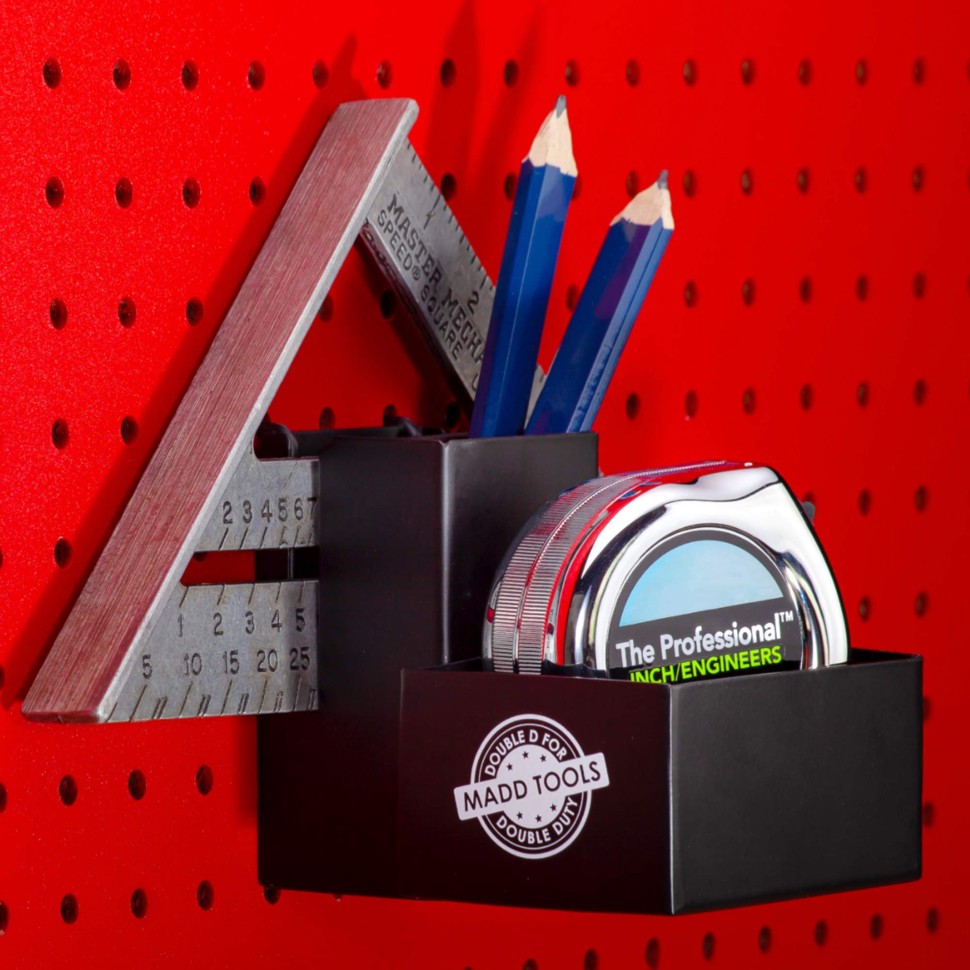 MADD Tools tape measure holder on pegboard keeps your tape secure and reachable