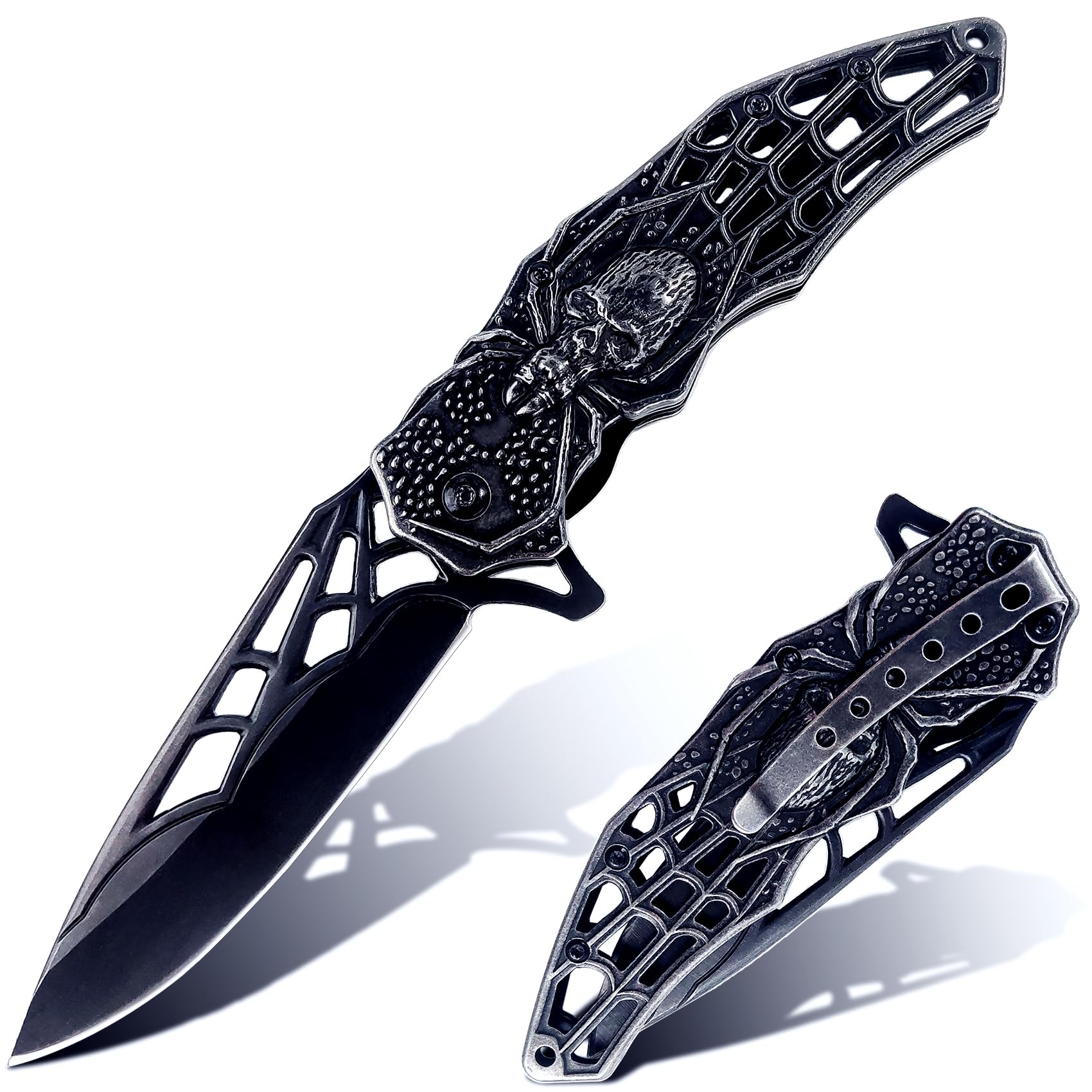 MADSMAUG pocket knife with 3d skull pattern provides secure outdoor grip