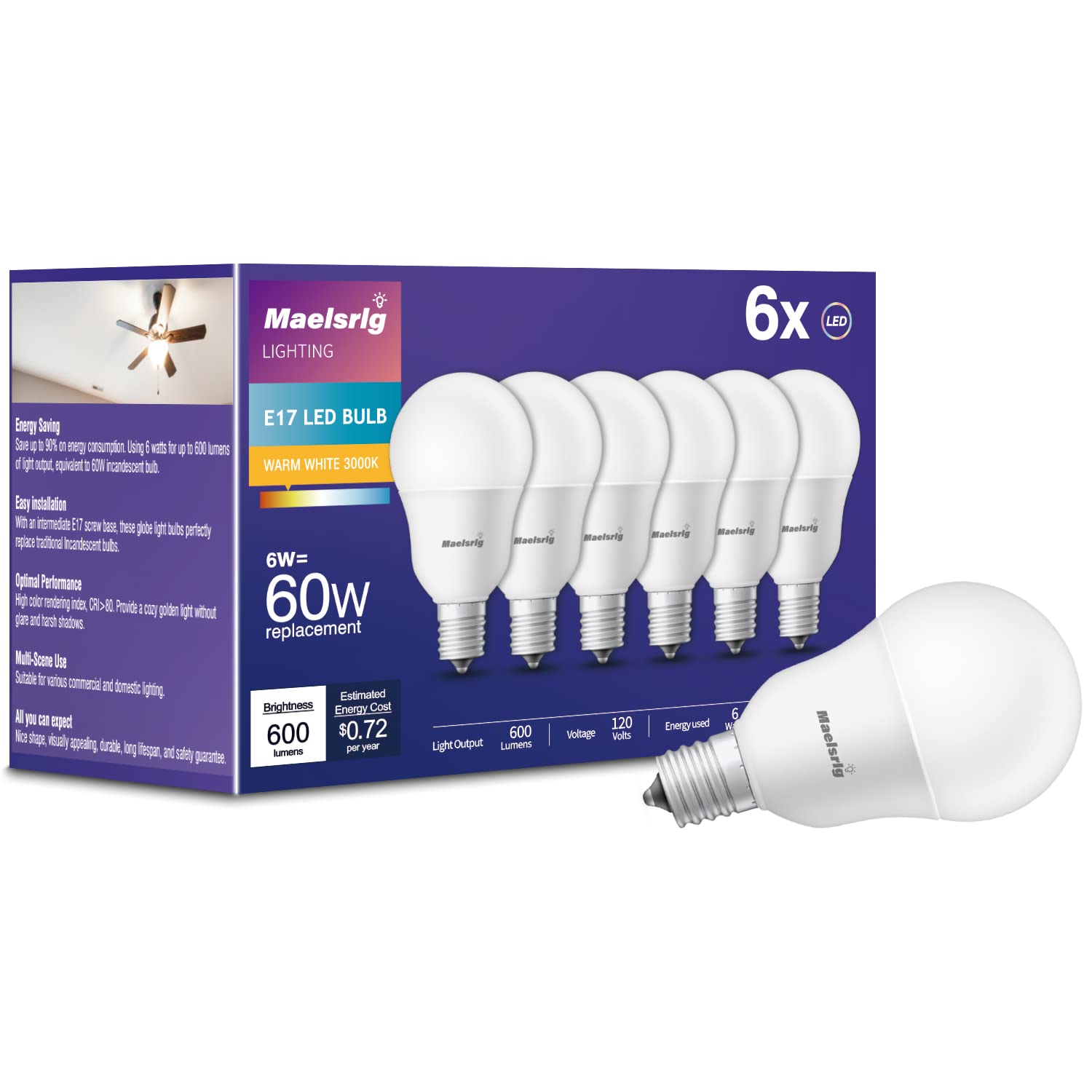 Maelsrlg E17 intermediate-base LED bulb, 6W for energy efficiency.