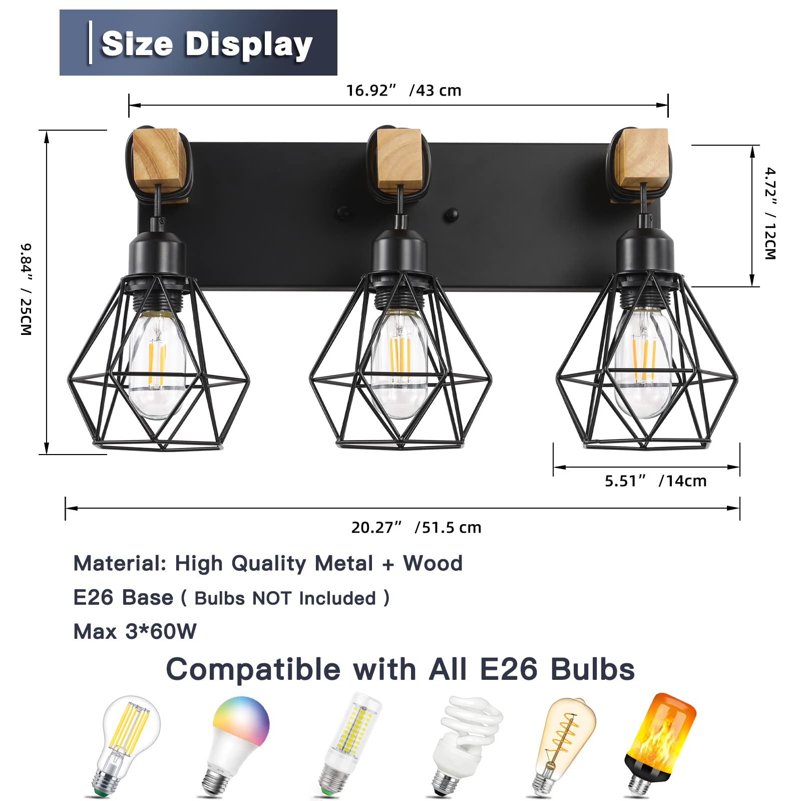 Maesta black metal frame vanity light with durable finish