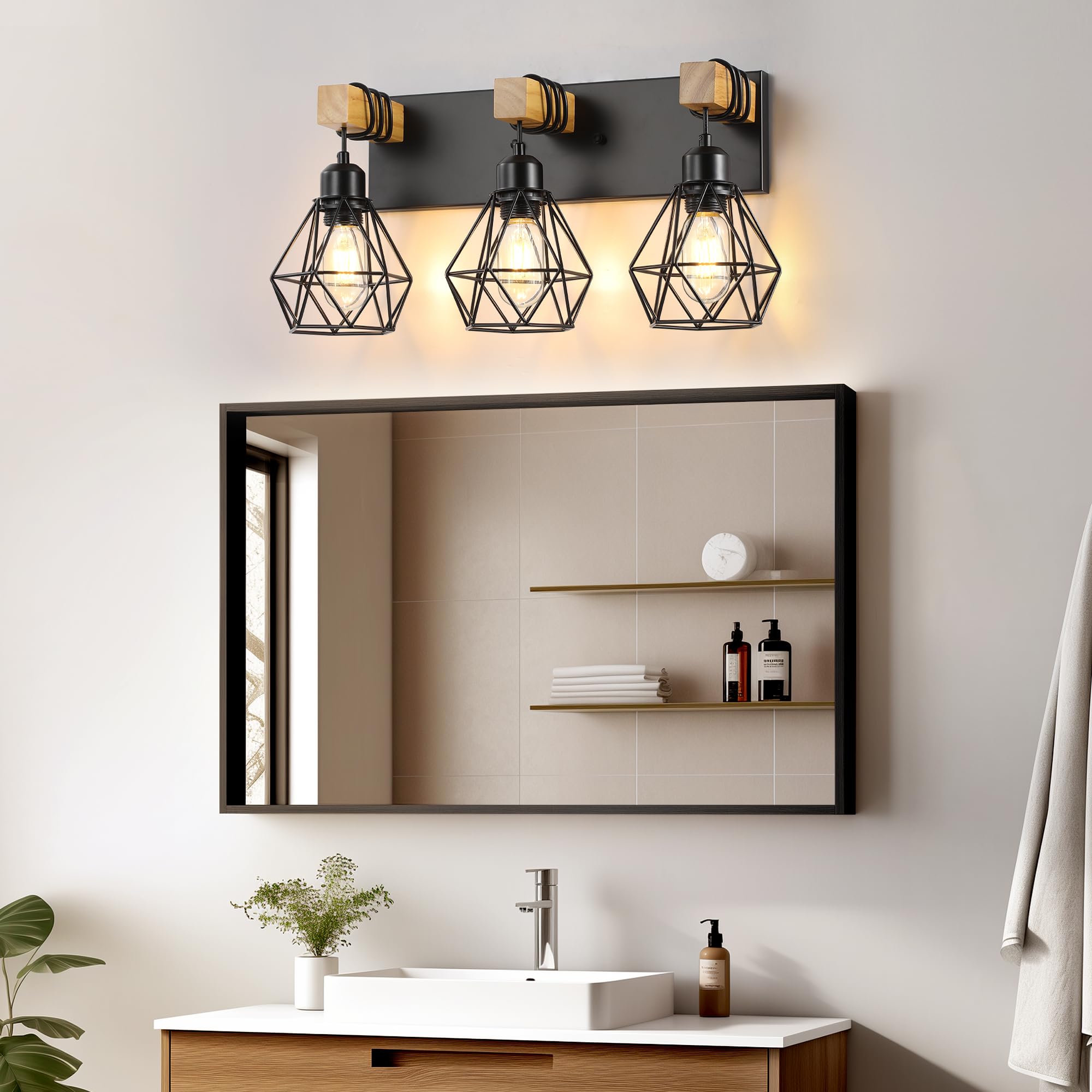Maesta wood-accent bathroom light adds warm rustic charm