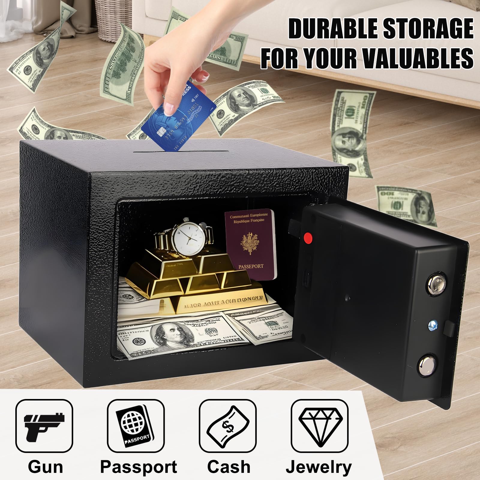 MAESTON mini safe interior shows compartments for cash, passports, and jewelry