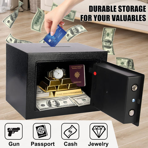 MAESTON mini safe interior shows compartments for cash, passports, and jewelry