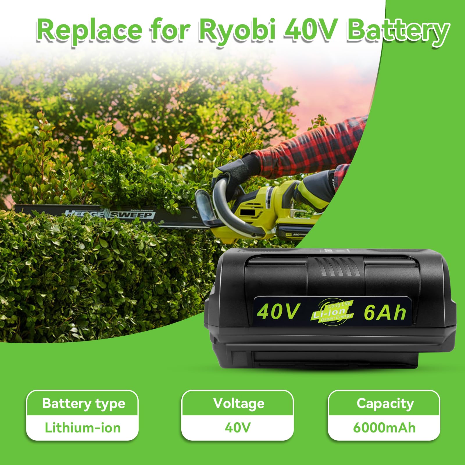 MAFACBAC 40V battery side view shows compact, easy-fit design.