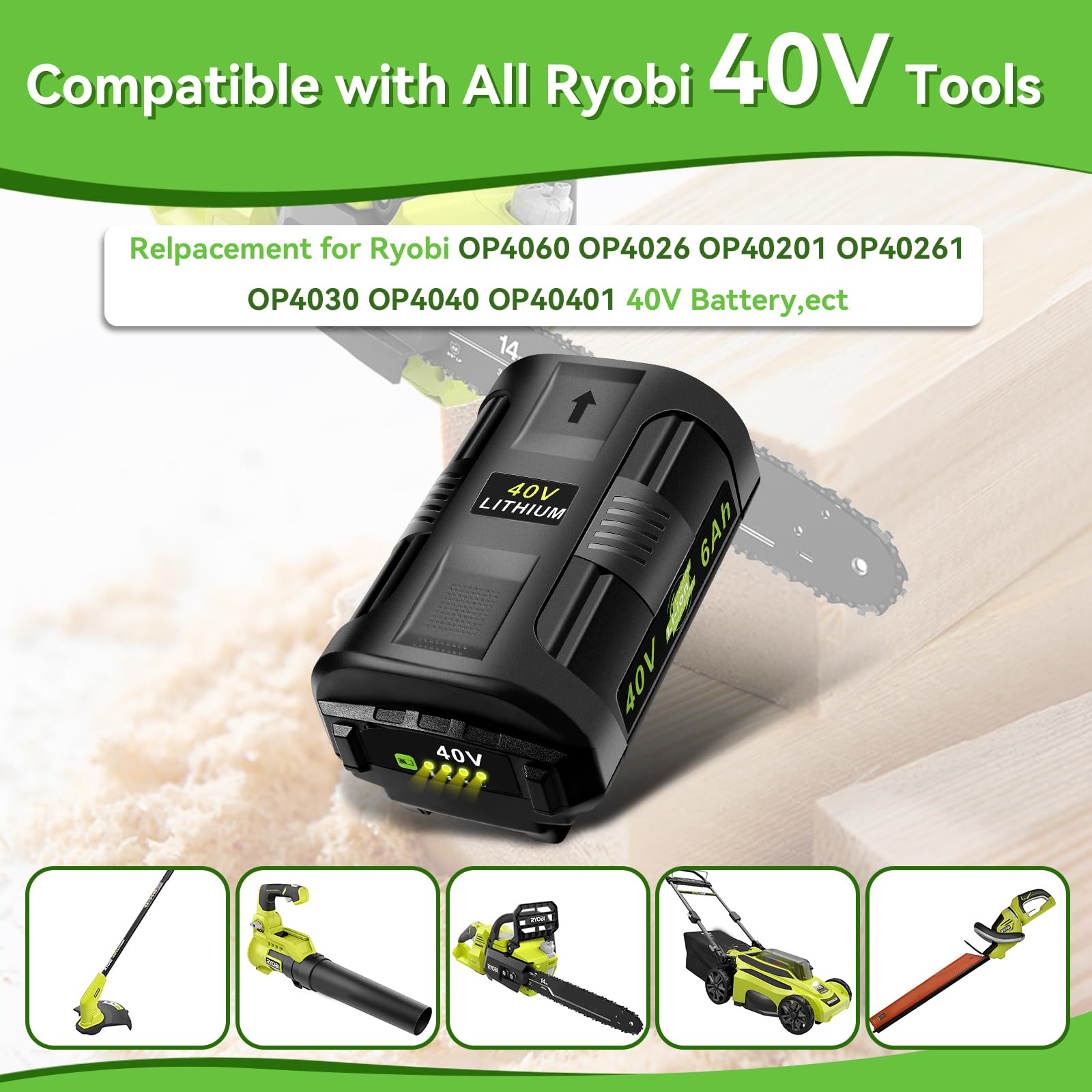 Ryobi compatibility label on MAFACBAC 40V battery for many tools.