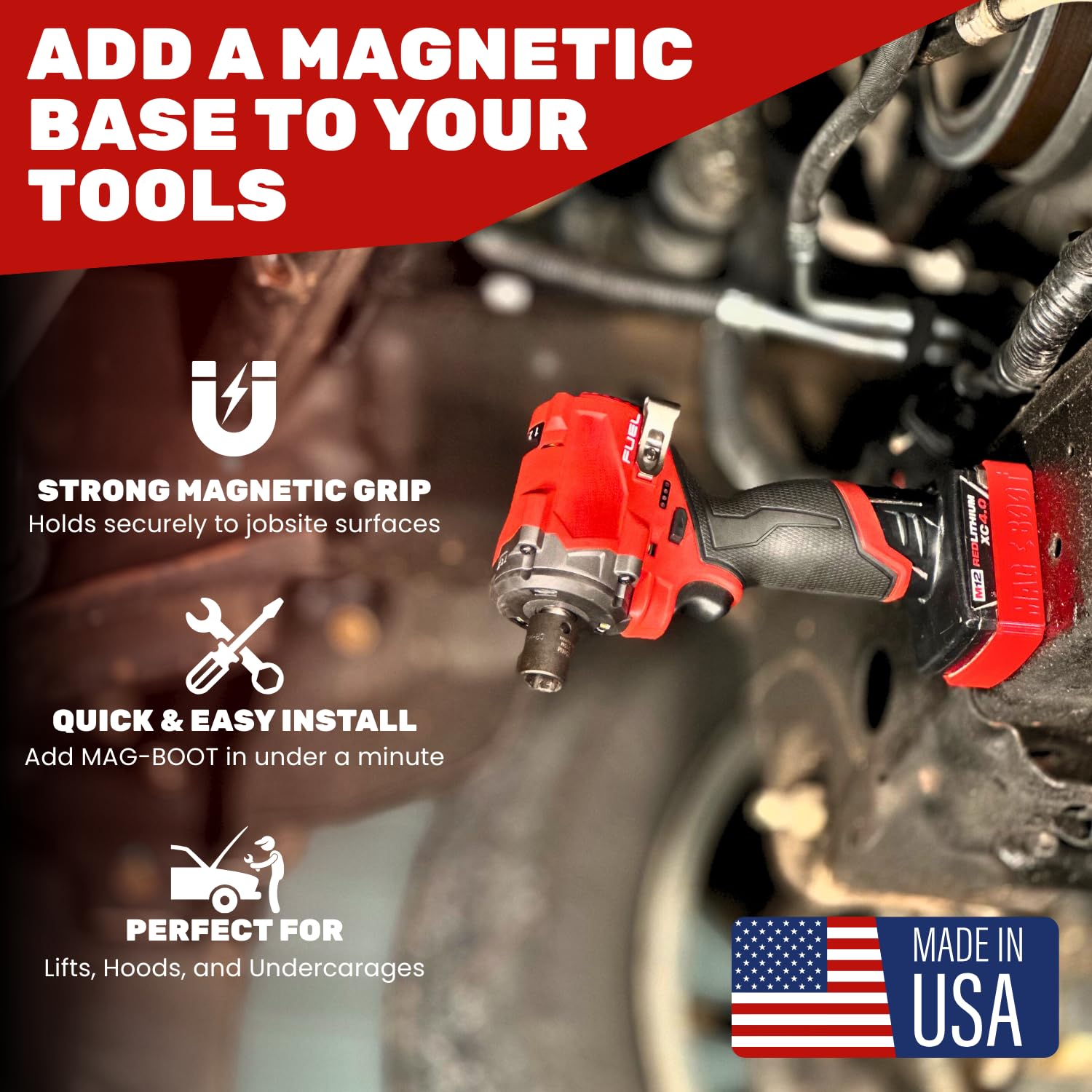 MAG-BOOT uses two 150 lb magnets to hold the Milwaukee M12 battery firmly on metal surfaces.