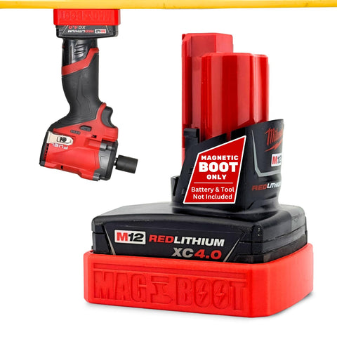 MAG-BOOT magnetic battery cover attaches securely to the Milwaukee M12 battery for quick setup.