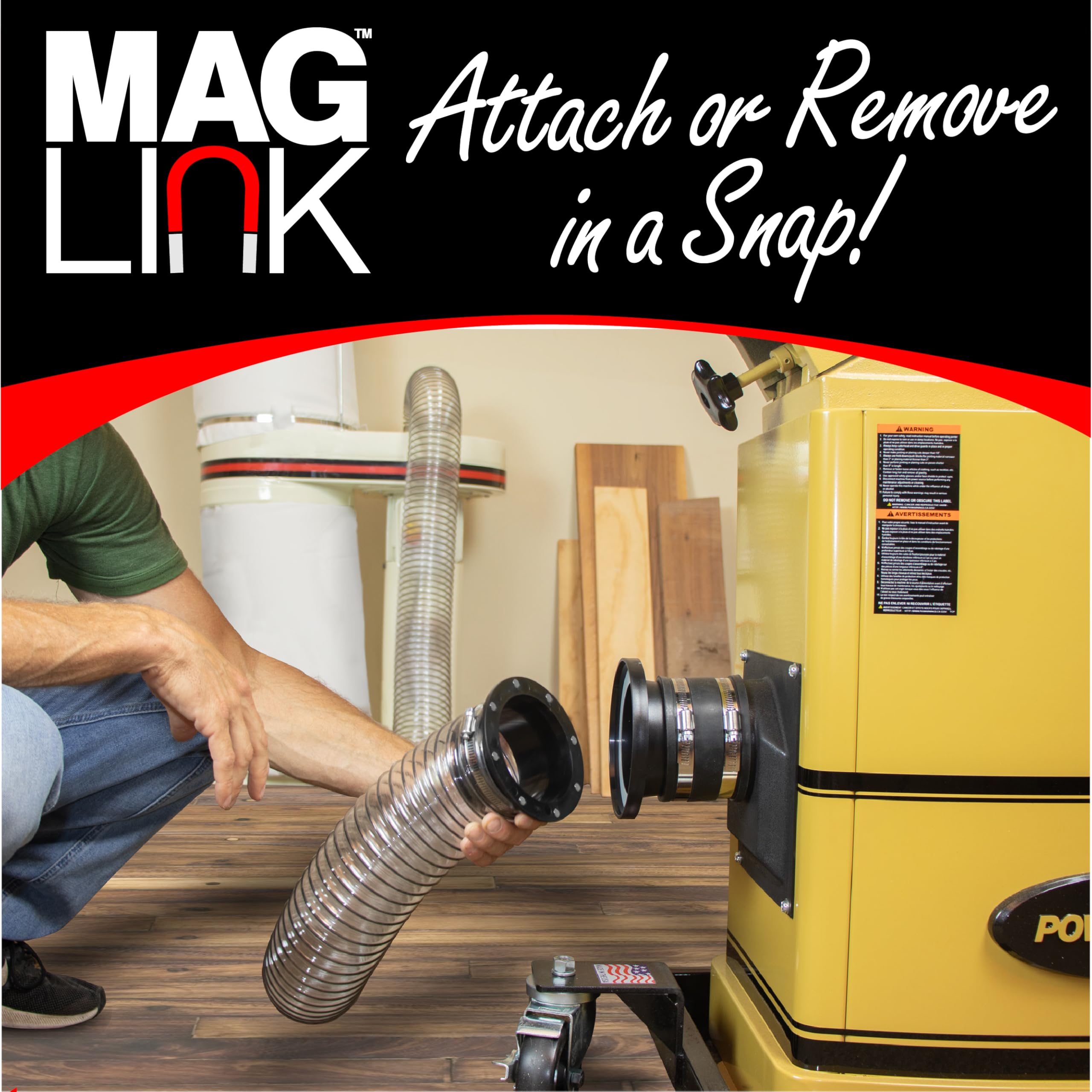 Mag Link 4in rubber coupler cushions seals for tight dust-collection connections.