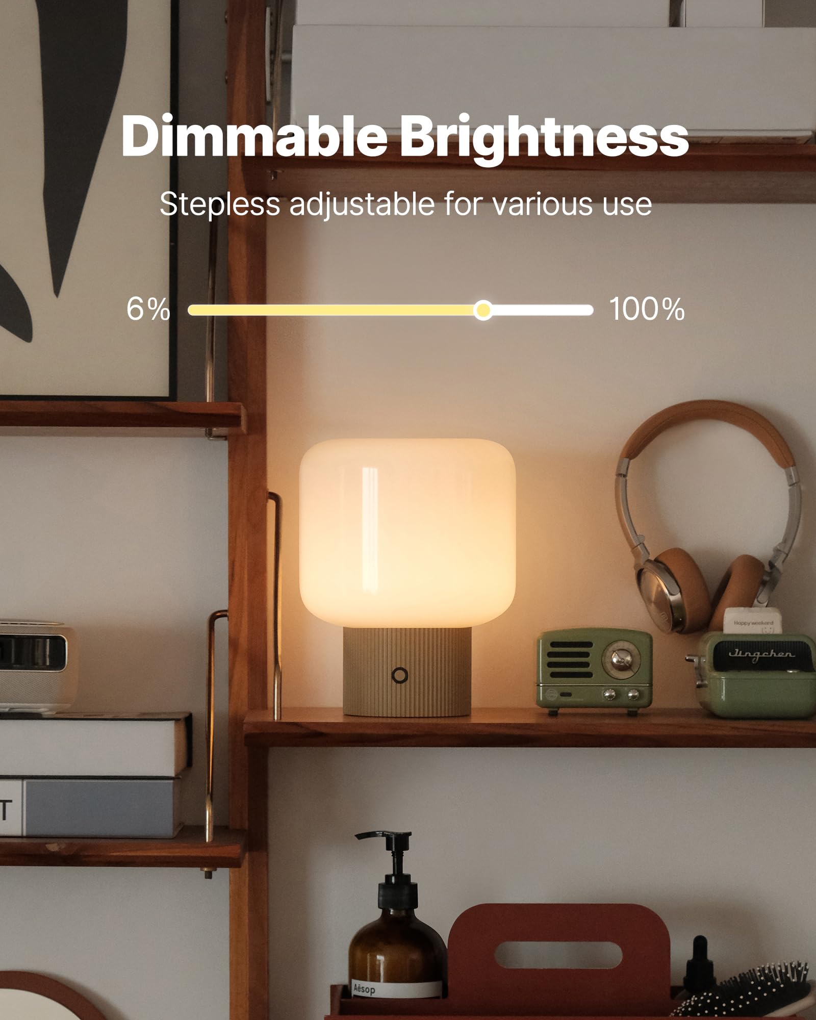 Rechargeable cordless MAGCHARM Halo Mushroom Lamp with flexible placement around the home.