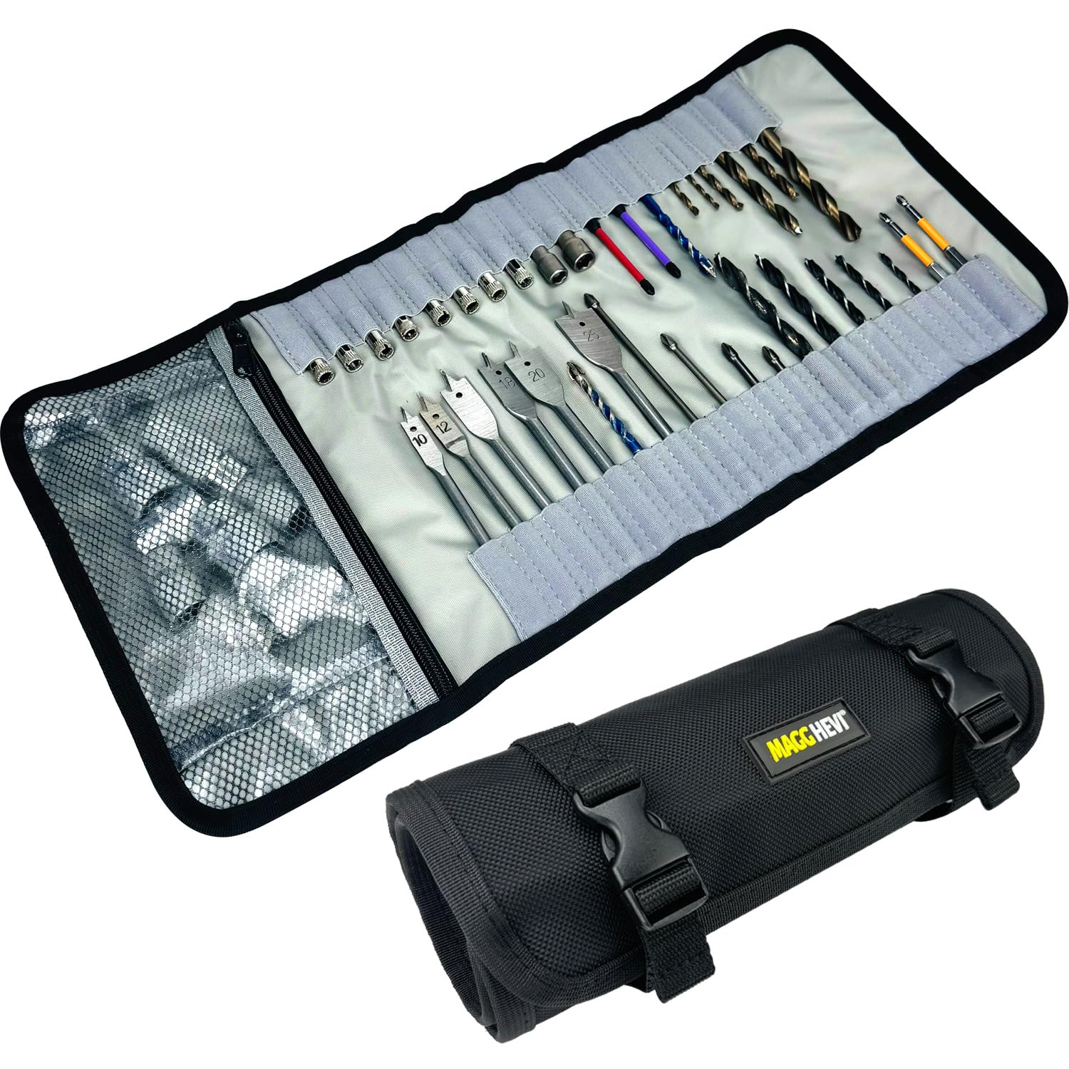 Magg Hevi drill bit organizer bag rolled for portable tool storage and quick access