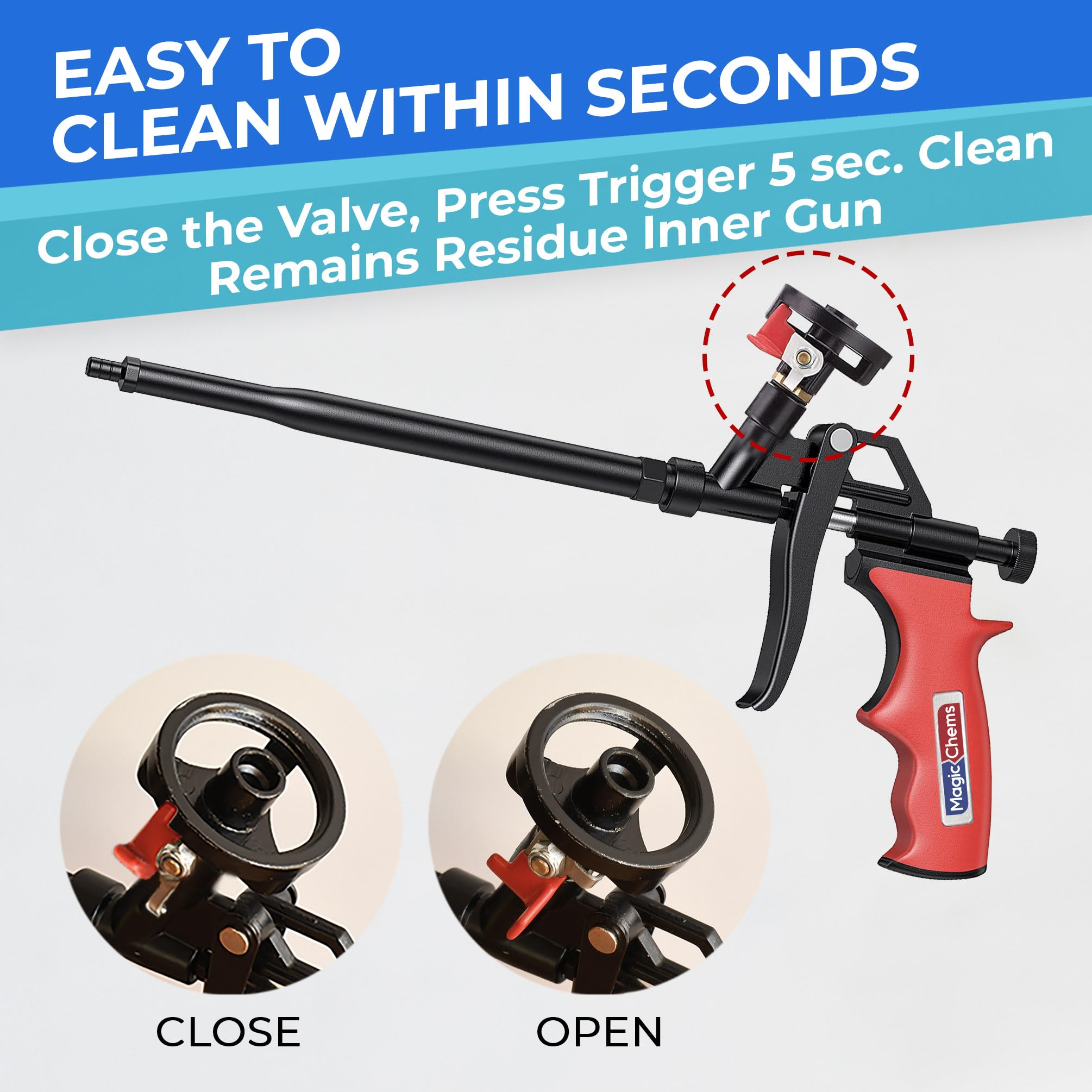 Magic Chems Spray Foam Gun residual foam discharge valve seals excess material.