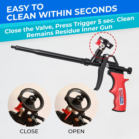 Magic Chems Spray Foam Gun residual foam discharge valve seals excess material.