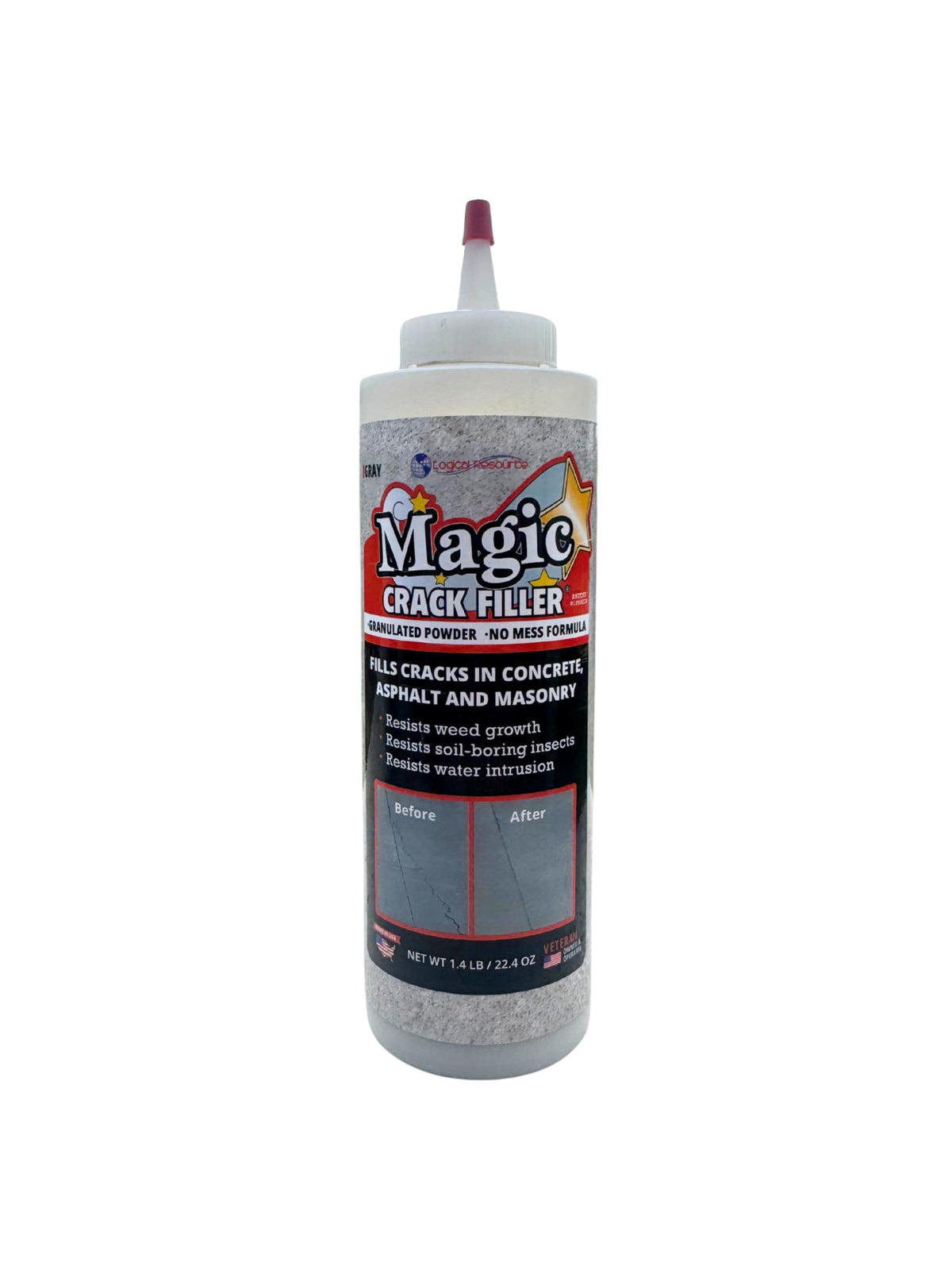 Magic Crack Filler Gray 1.4 lb bottle shows easy concrete crack repair.