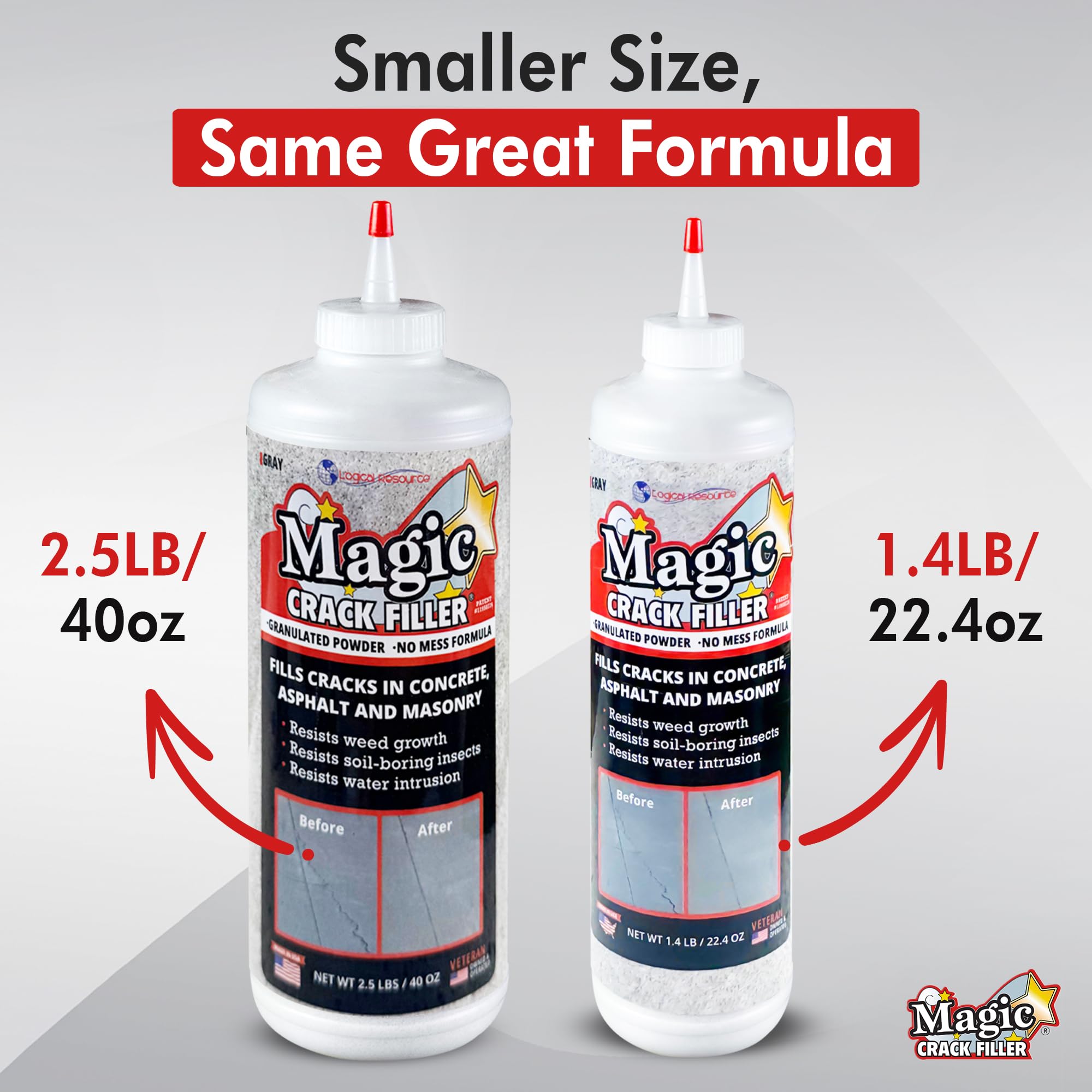 Magic Crack Filler gray application pour water illustrates quick setting action.