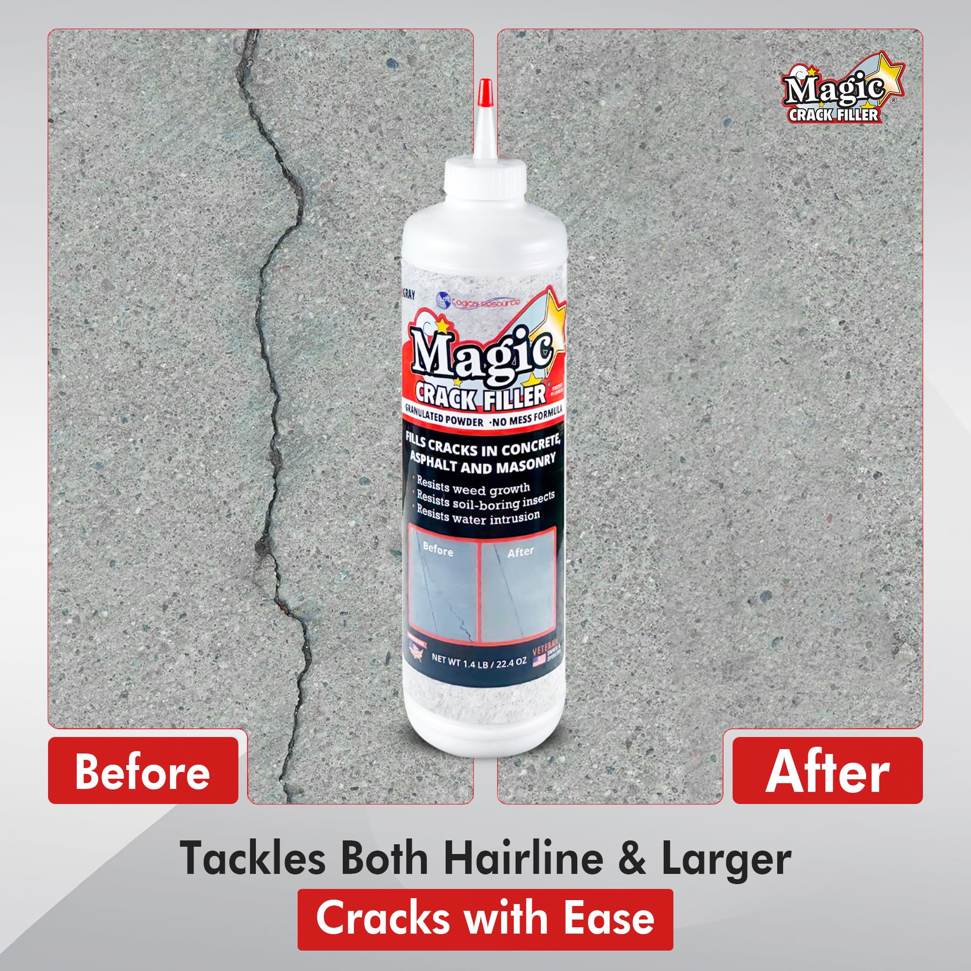Magic Crack Filler used on driveways, sidewalks, and patios for versatile repairs.