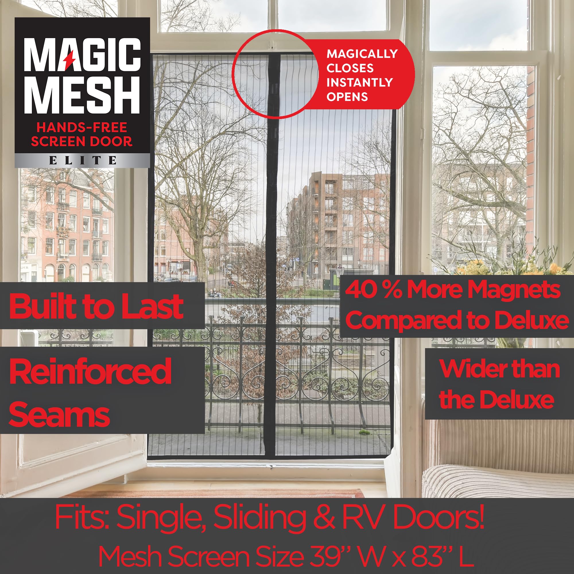 Magic Mesh Elite single-door fit for 39x83 inches keeps pests out.