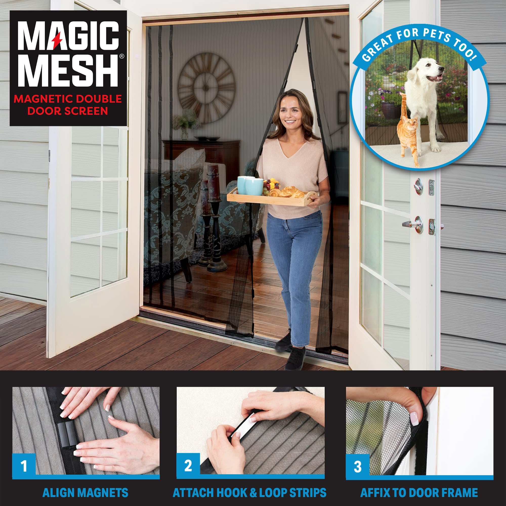 Magic Mesh fits French doors (75x83 in) for easy doorway coverage.