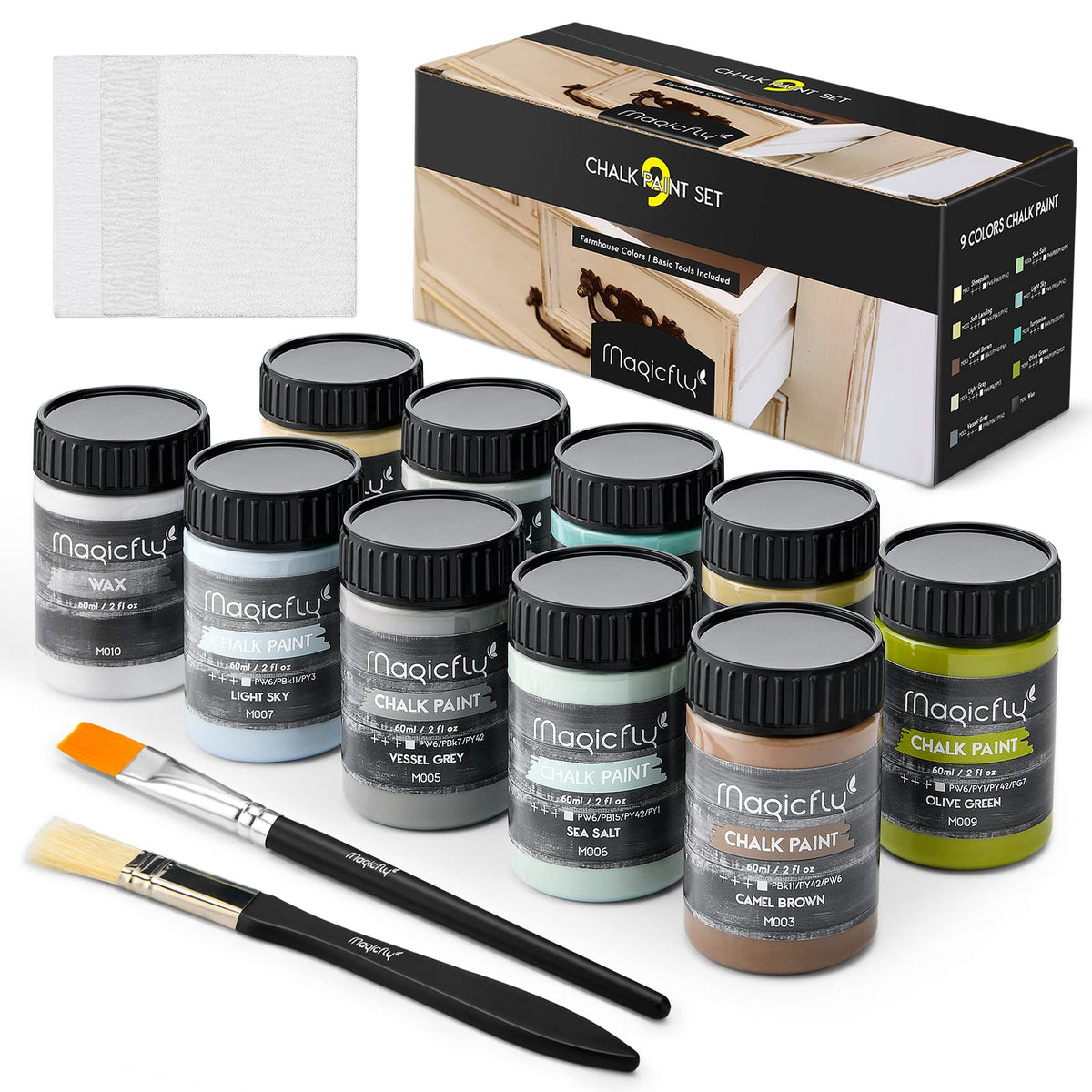 Magicfly chalk paint set with 9 color bottles for easy color testing and DIY furniture.