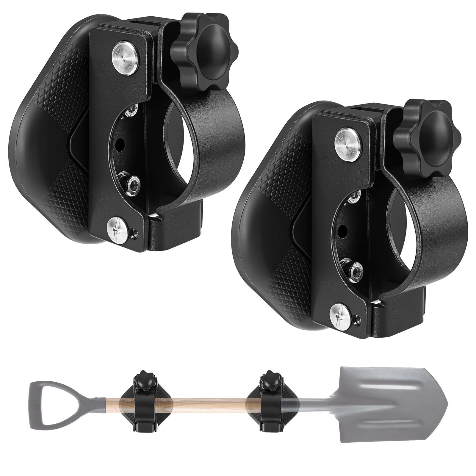 MagitcSee 2-pack magnetic shovel holder on a truck securing flags and tools.