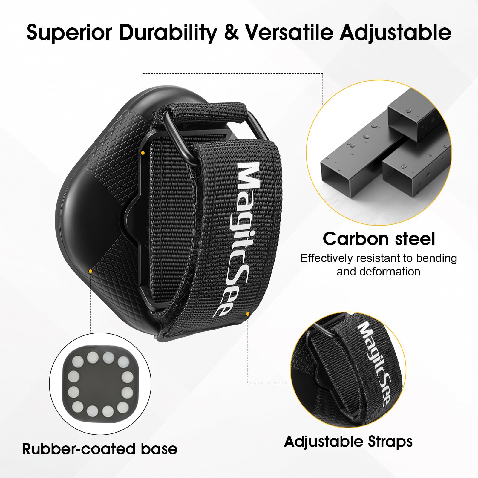 MagitcSee adjustable-strap magnetic mount secures long handled tools with versatile strap length.