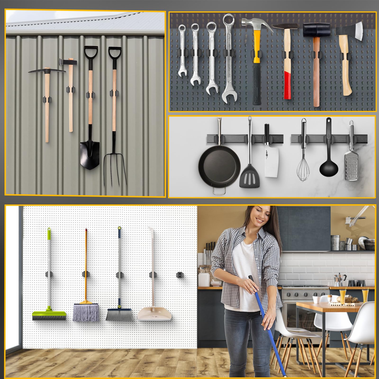 MagitcSee broom holder on metal surface demonstrates drill-free, easy installation.