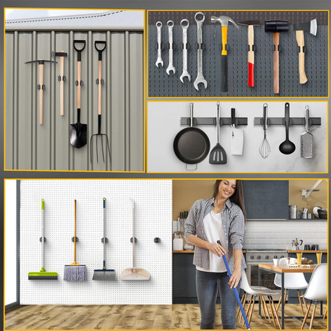MagitcSee broom holder on metal surface demonstrates drill-free, easy installation.