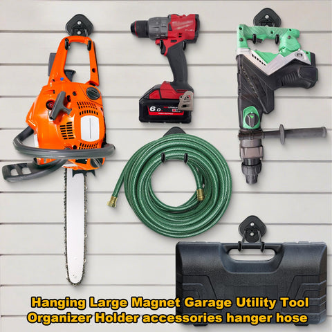 MagitcSee magnetic hook suspends hoses, cords, and coats for organized storage.
