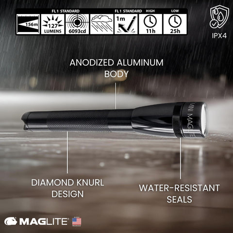 MagLite Mini LED Flashlight with adjustable beam for spot to flood lighting.