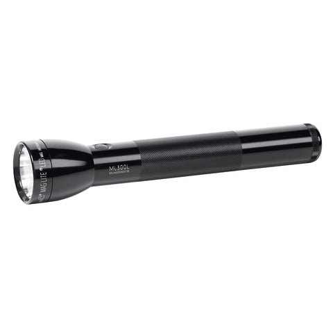 MagLite ML300L front view showing rugged aluminum body for outdoor use.