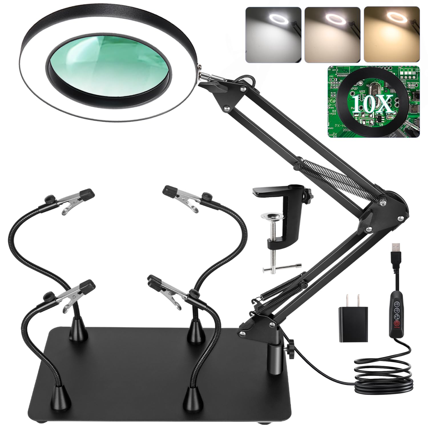 MagnieOpti 10x magnifying lamp for precise soldering with glare-free light.