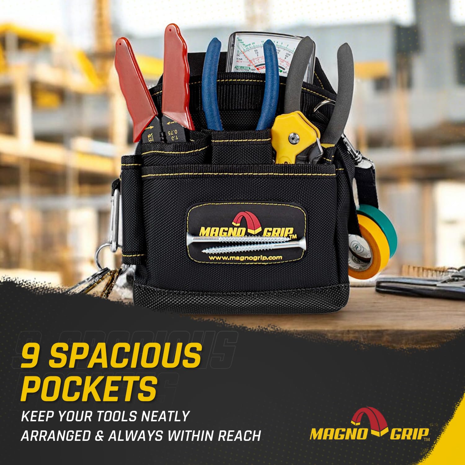 MagnoGrip belt loop and metal clip secure attachment to magnetic tool belts.