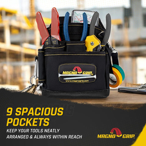 MagnoGrip belt loop and metal clip secure attachment to magnetic tool belts.