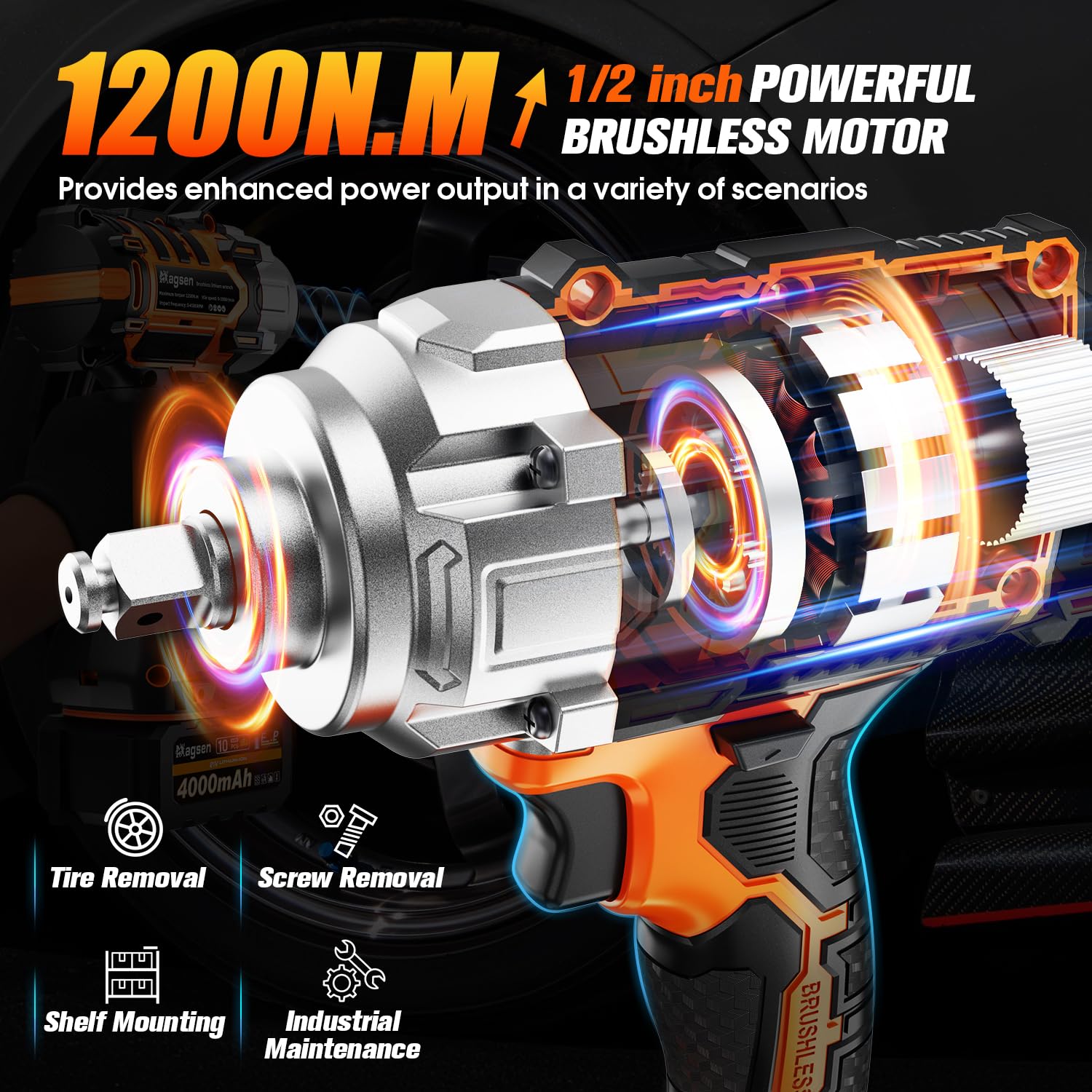 MAGSEN 900ft-lbs high-torque brushless motor enables heavy-duty bolt removal.